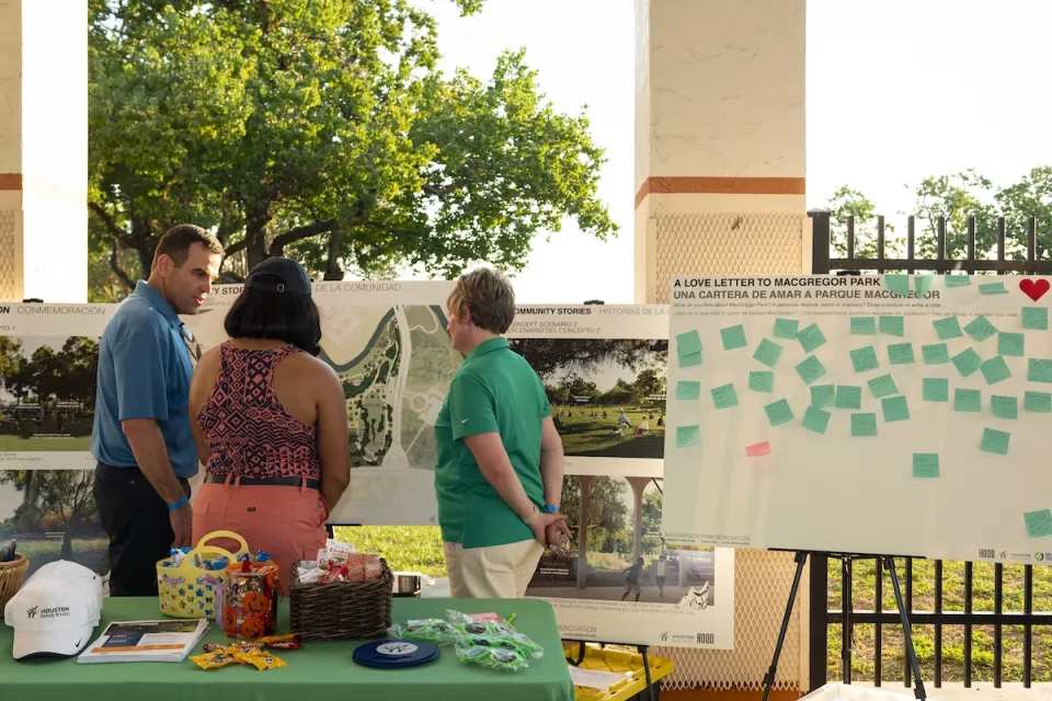 Community engagement event held outdoors to evaluate opinions on the renovation of MacGregor Park in Houston, Texas.